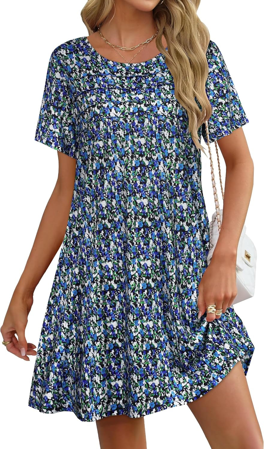 Sommerkleid Damen Kurzarm Rundhals Tshirt Kleid Front Plissee Freizeitkleid Mit Taschen