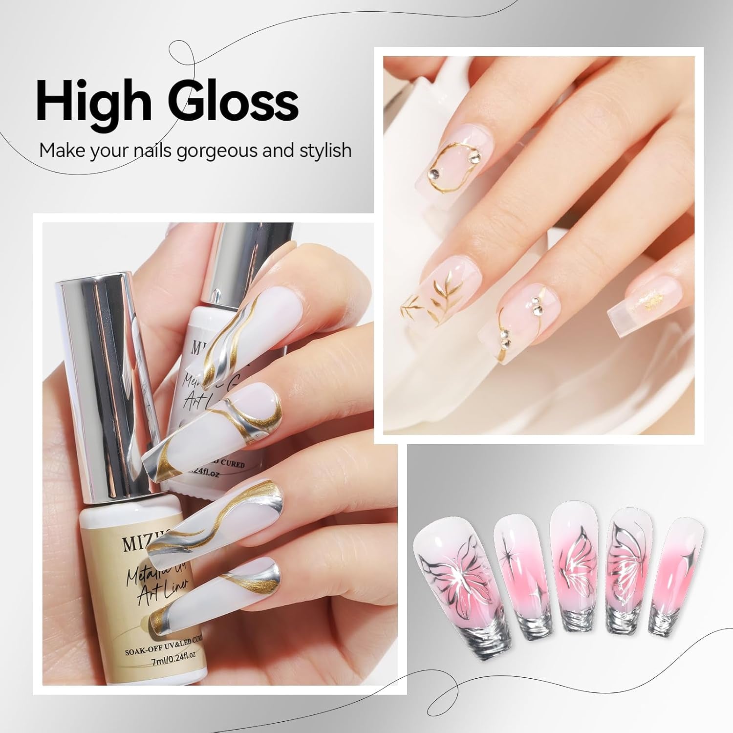 MIZHSE Metallic Painting Gel Set - 2 Farben Sliver Und Gold Painting Gel, 3D Crome Glue Nail UV, Gold Pigment Nagel, Metallic Silber UV Lack, Liner Nail Art 7Ml 2PCS