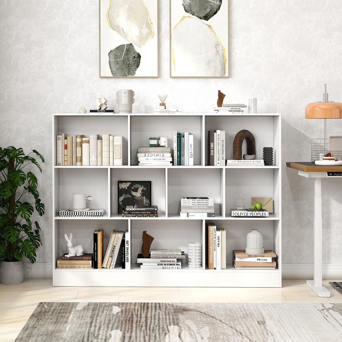 Bücherregal Mit 10 Fächern Standregal Mit 3 Ebenen Würfelregal Büroregal 140 X 24 X 104 Cm Natur/Weiß