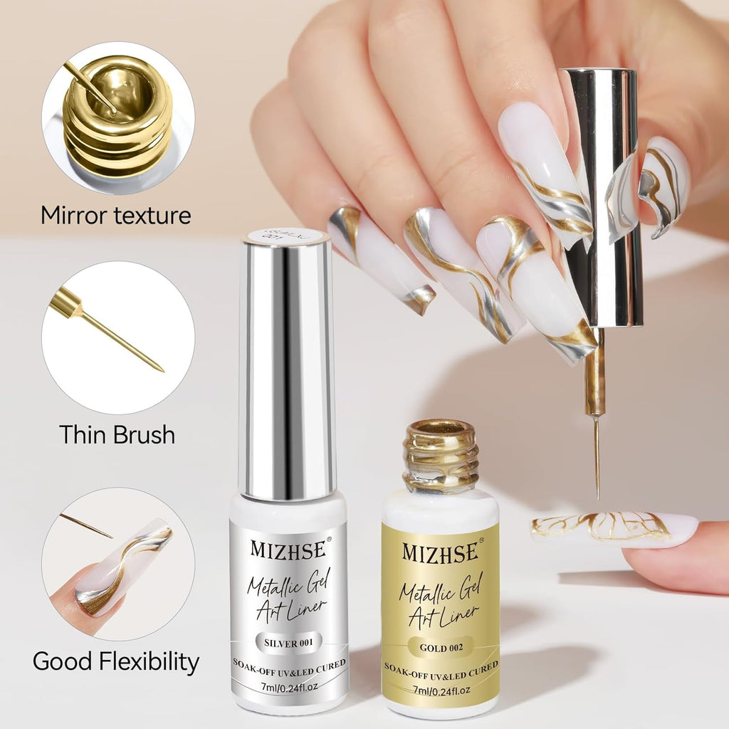MIZHSE Metallic Painting Gel Set - 2 Farben Sliver Und Gold Painting Gel, 3D Crome Glue Nail UV, Gold Pigment Nagel, Metallic Silber UV Lack, Liner Nail Art 7Ml 2PCS