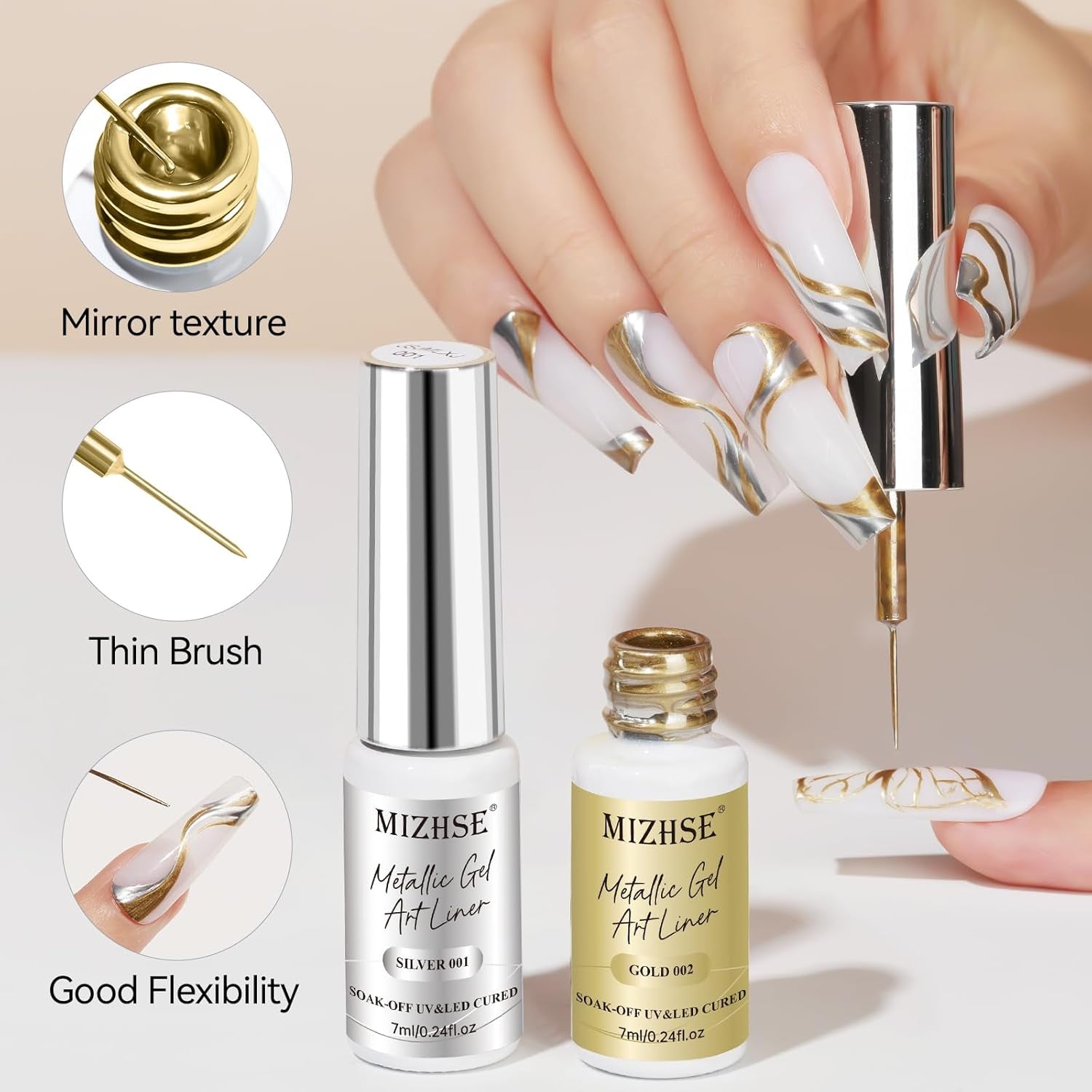MIZHSE Metallic Painting Gel Set - 2 Farben Sliver Und Gold Painting Gel, 3D Crome Glue Nail UV, Gold Pigment Nagel, Metallic Silber UV Lack, Liner Nail Art 7Ml 2PCS