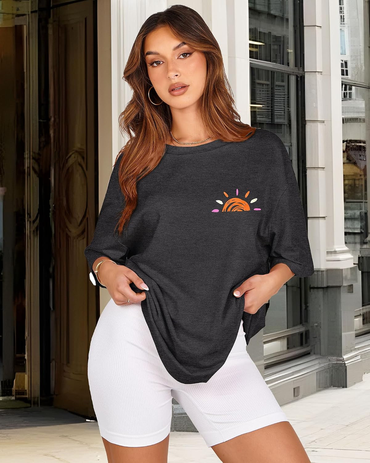 Tshirt Damen Sommer Tops Kurzarm Oversize Bluse Rundhals Casual Oberteil