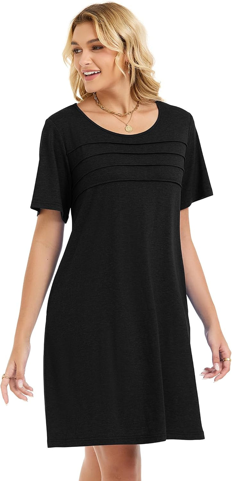 Sommerkleid Damen Kurzarm Rundhals Tshirt Kleid Front Plissee Freizeitkleid Mit Taschen