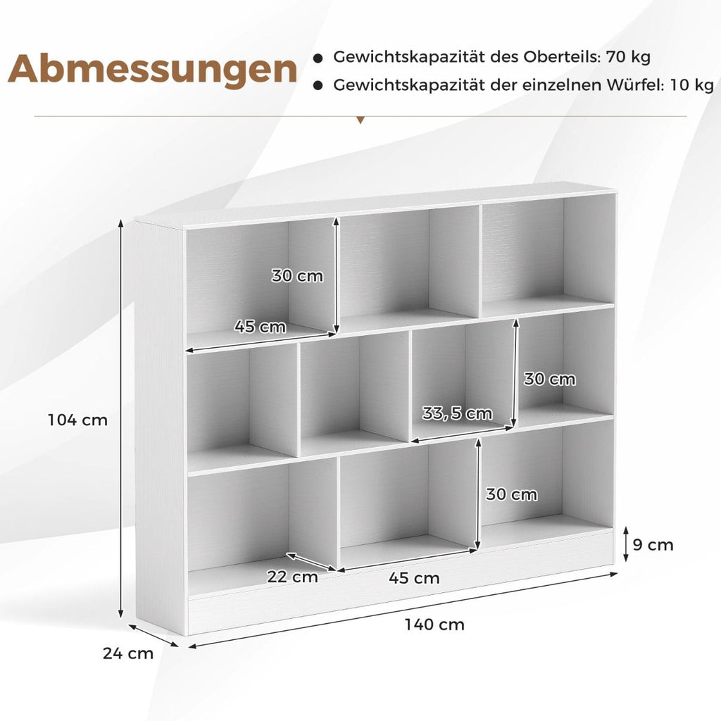 Bücherregal Mit 10 Fächern Standregal Mit 3 Ebenen Würfelregal Büroregal 140 X 24 X 104 Cm Natur/Weiß