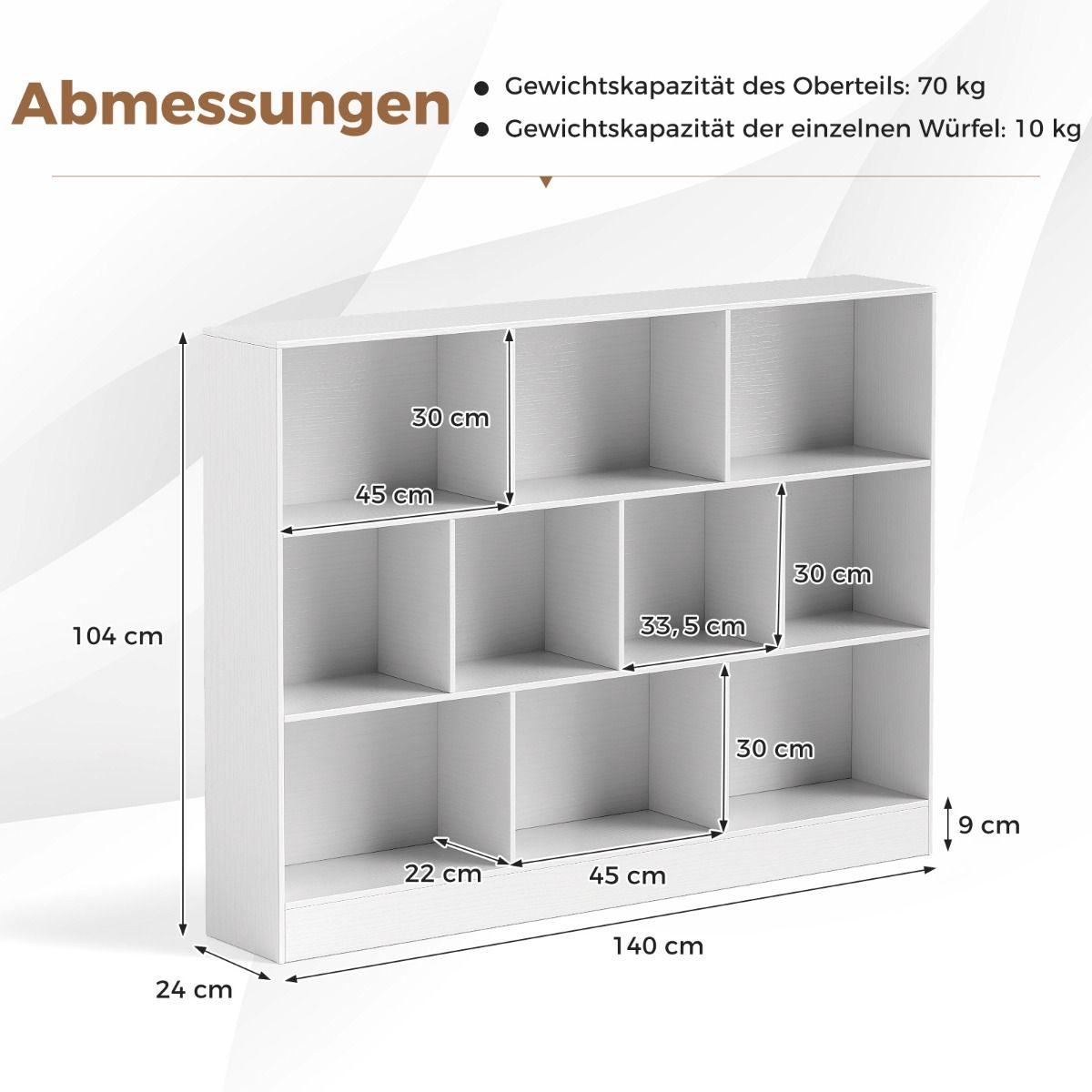 Bücherregal Mit 10 Fächern Standregal Mit 3 Ebenen Würfelregal Büroregal 140 X 24 X 104 Cm Natur/Weiß