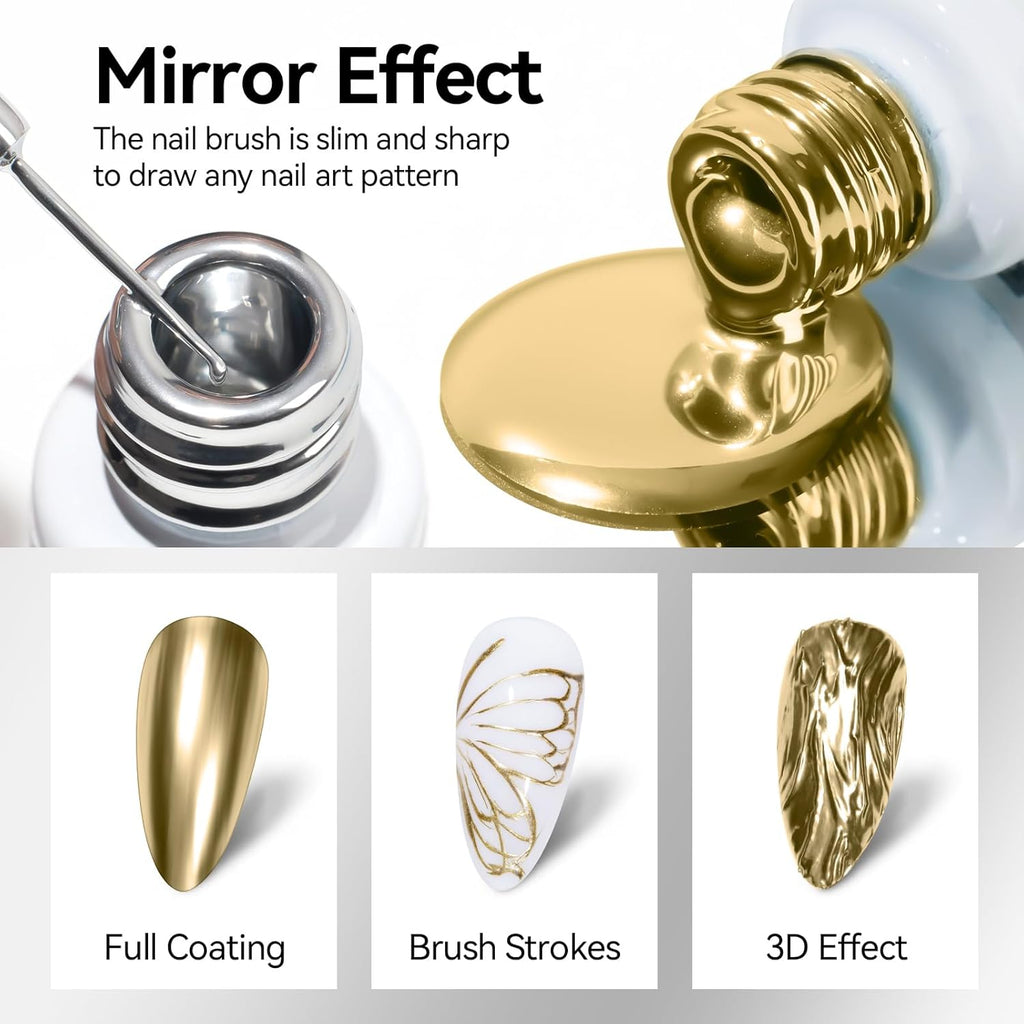 MIZHSE Metallic Painting Gel Set - 2 Farben Sliver Und Gold Painting Gel, 3D Crome Glue Nail UV, Gold Pigment Nagel, Metallic Silber UV Lack, Liner Nail Art 7Ml 2PCS