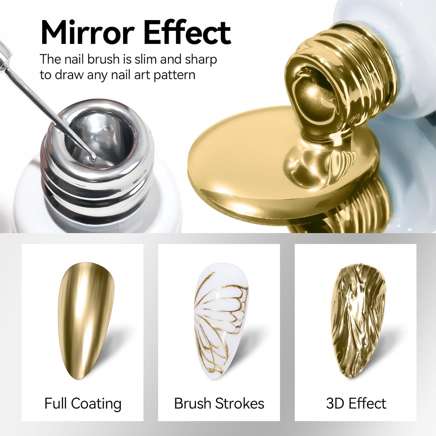 MIZHSE Metallic Painting Gel Set - 2 Farben Sliver Und Gold Painting Gel, 3D Crome Glue Nail UV, Gold Pigment Nagel, Metallic Silber UV Lack, Liner Nail Art 7Ml 2PCS