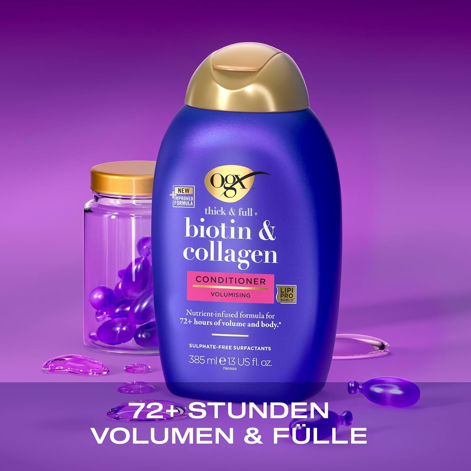 OGX Biotin & Collagen Conditioner (385 Ml), Reichhaltige Haarspülung Für 72H+ Volumen & Fülle Mit Biotin & Kollagen, Haarpflege Volumen Spülung Für Feines & Dünnes Haar Mit Lipipro Shield Technologie