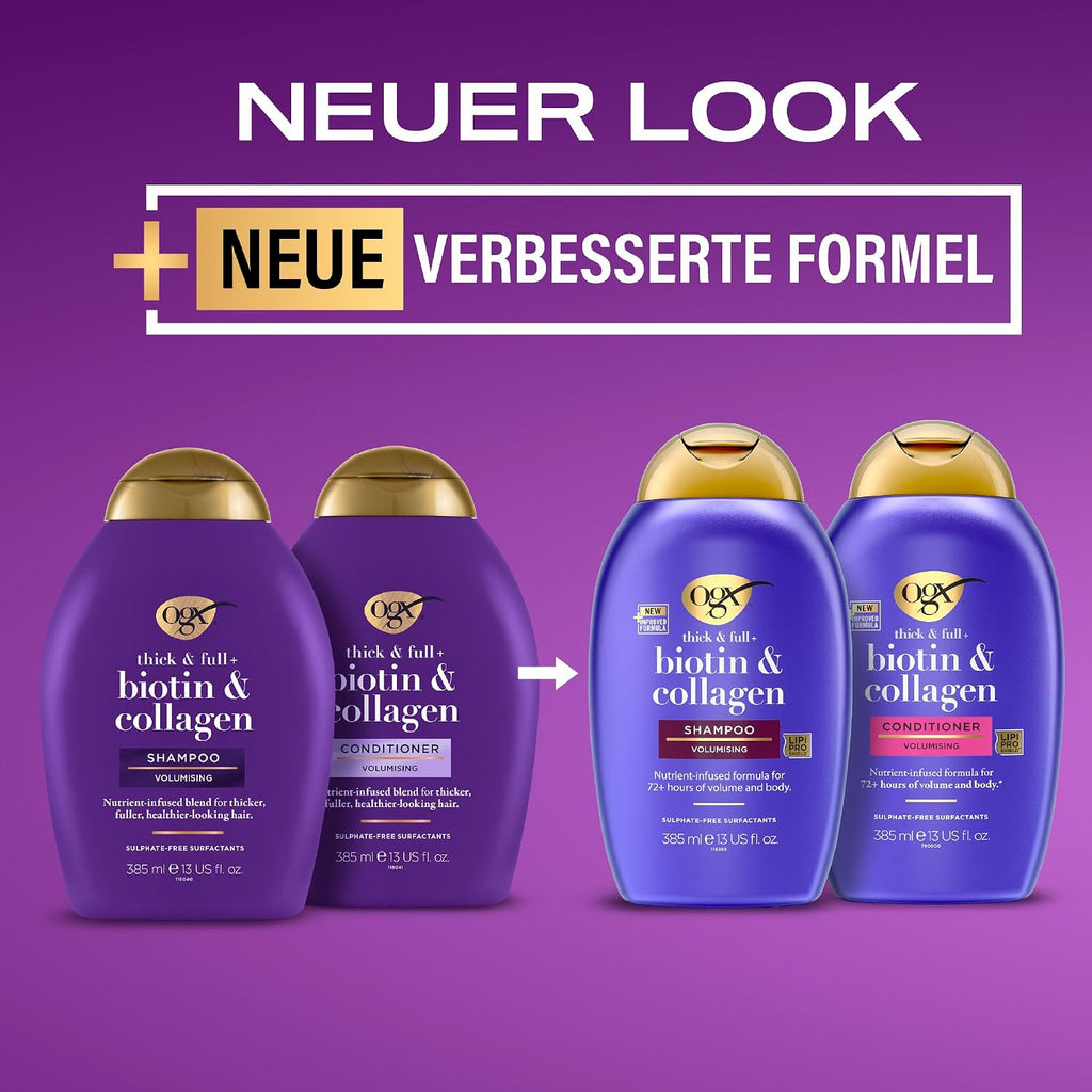 OGX Biotin & Collagen Conditioner (385 Ml), Reichhaltige Haarspülung Für 72H+ Volumen & Fülle Mit Biotin & Kollagen, Haarpflege Volumen Spülung Für Feines & Dünnes Haar Mit Lipipro Shield Technologie