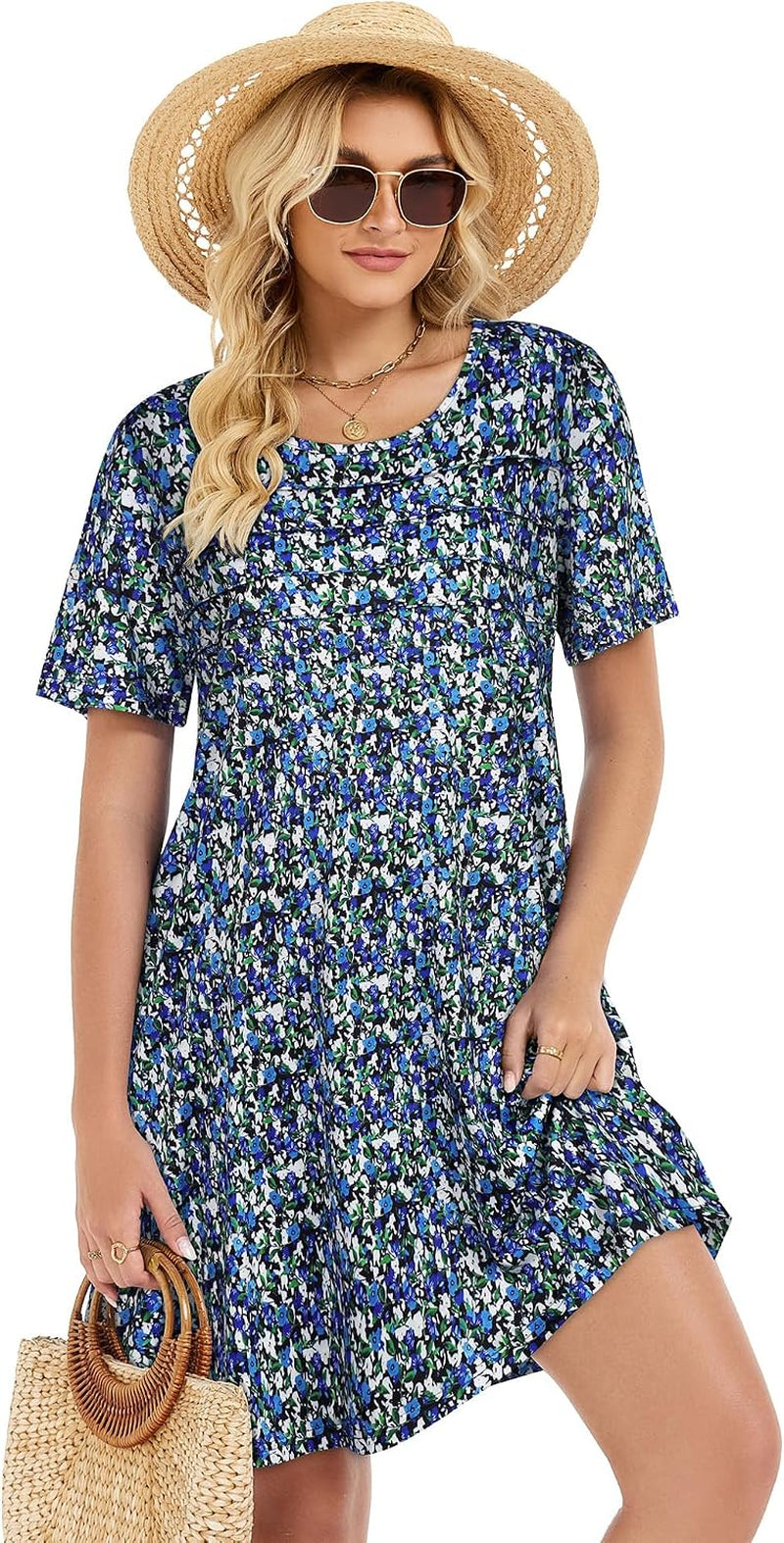 Sommerkleid Damen Kurzarm Rundhals Tshirt Kleid Front Plissee Freizeitkleid Mit Taschen