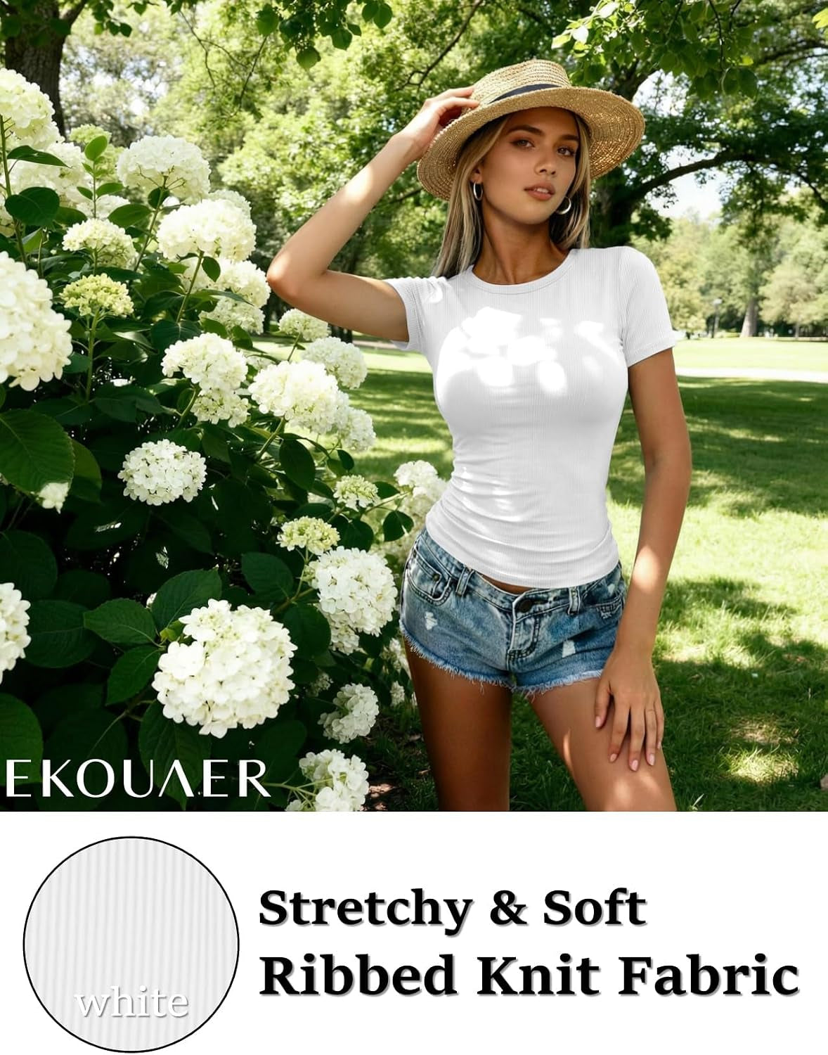 Ekouaer Damen 1&3 Pack T-Shirts Gerippt Kurzarm Oberteil XS-XXL | Slim-Fit, Stretch-Fit, Basics; Streetwear, Sport, Layer Base