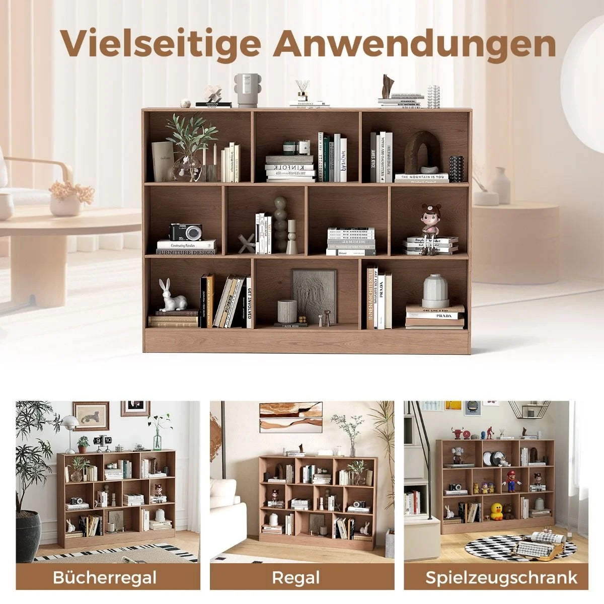 Bücherregal Mit 10 Fächern Standregal Mit 3 Ebenen Würfelregal Büroregal 140 X 24 X 104 Cm Natur/Weiß