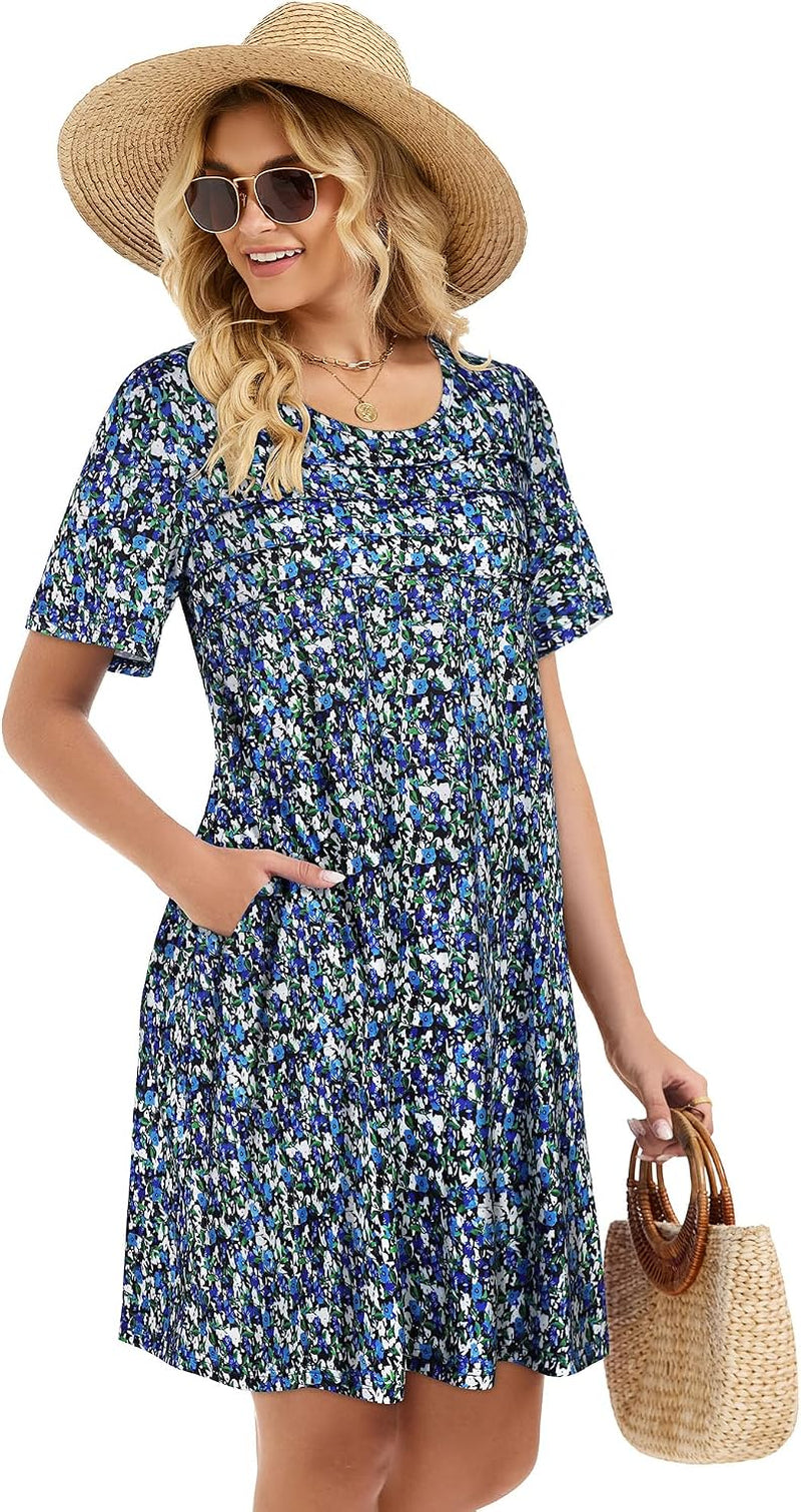 Sommerkleid Damen Kurzarm Rundhals Tshirt Kleid Front Plissee Freizeitkleid Mit Taschen