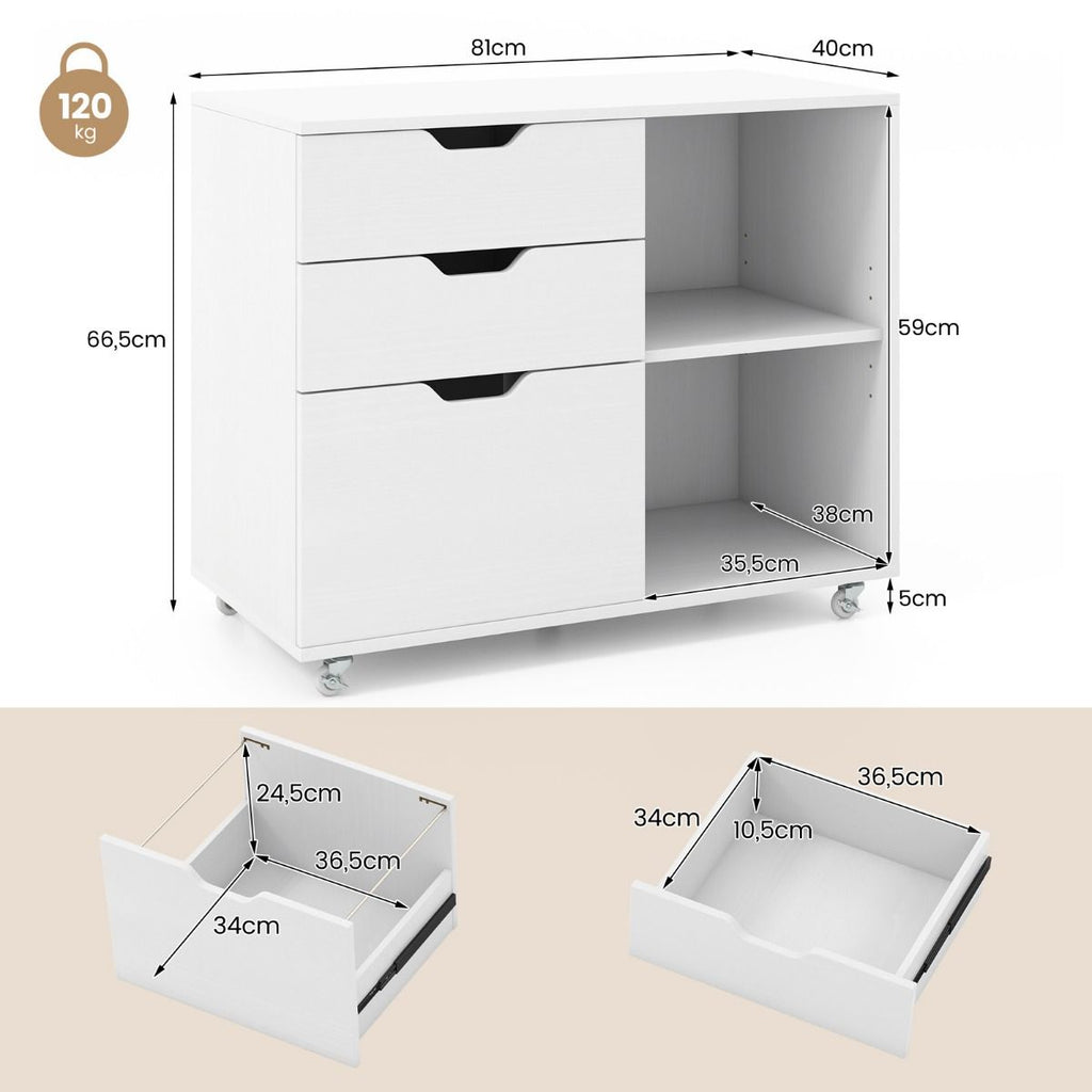 Rollcontainer Mit 3 Schubladen Aktenschrank Mit Rollen Und Offenen Fächern Weiß/Rustikal Braun