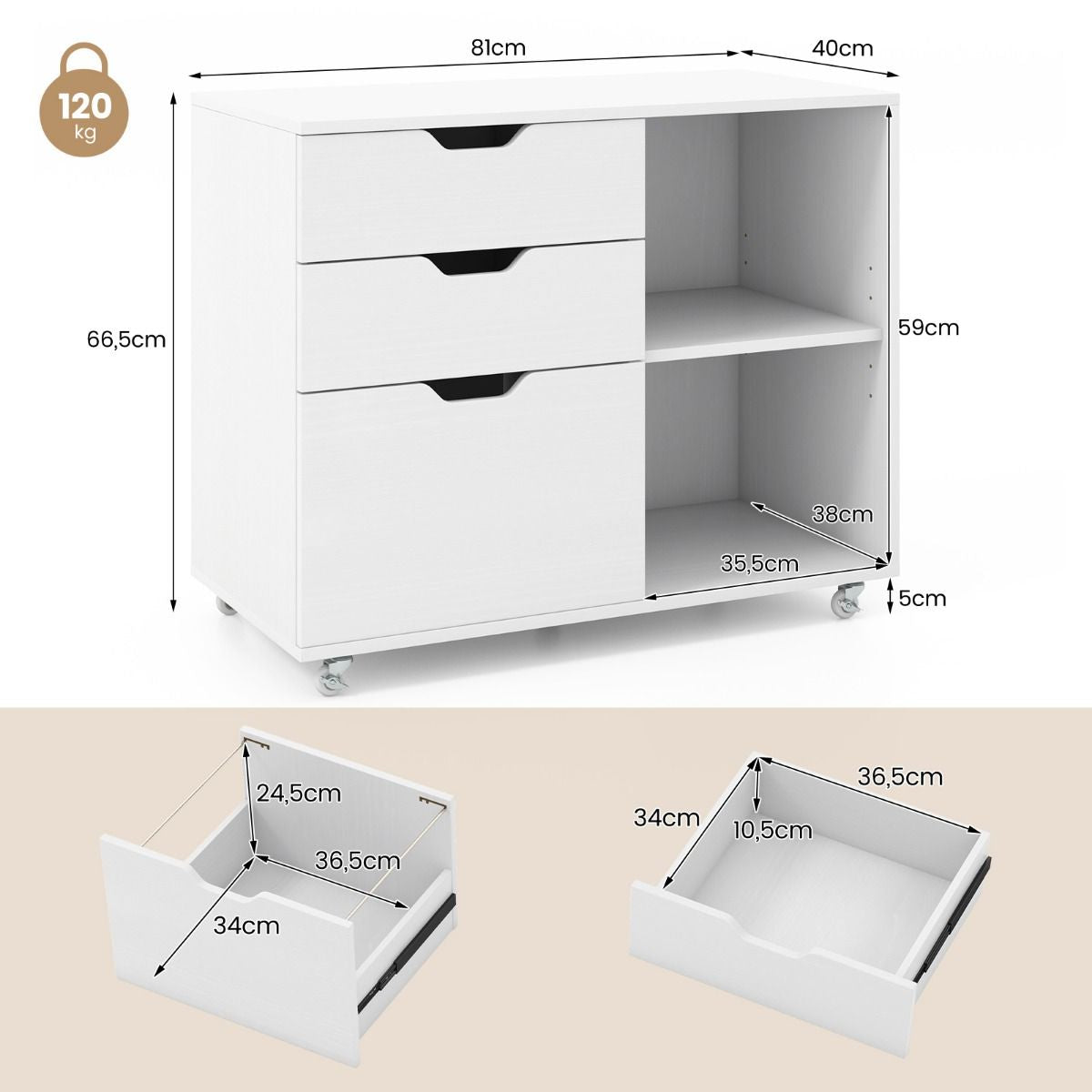 Rollcontainer Mit 3 Schubladen Aktenschrank Mit Rollen Und Offenen Fächern Weiß/Rustikal Braun