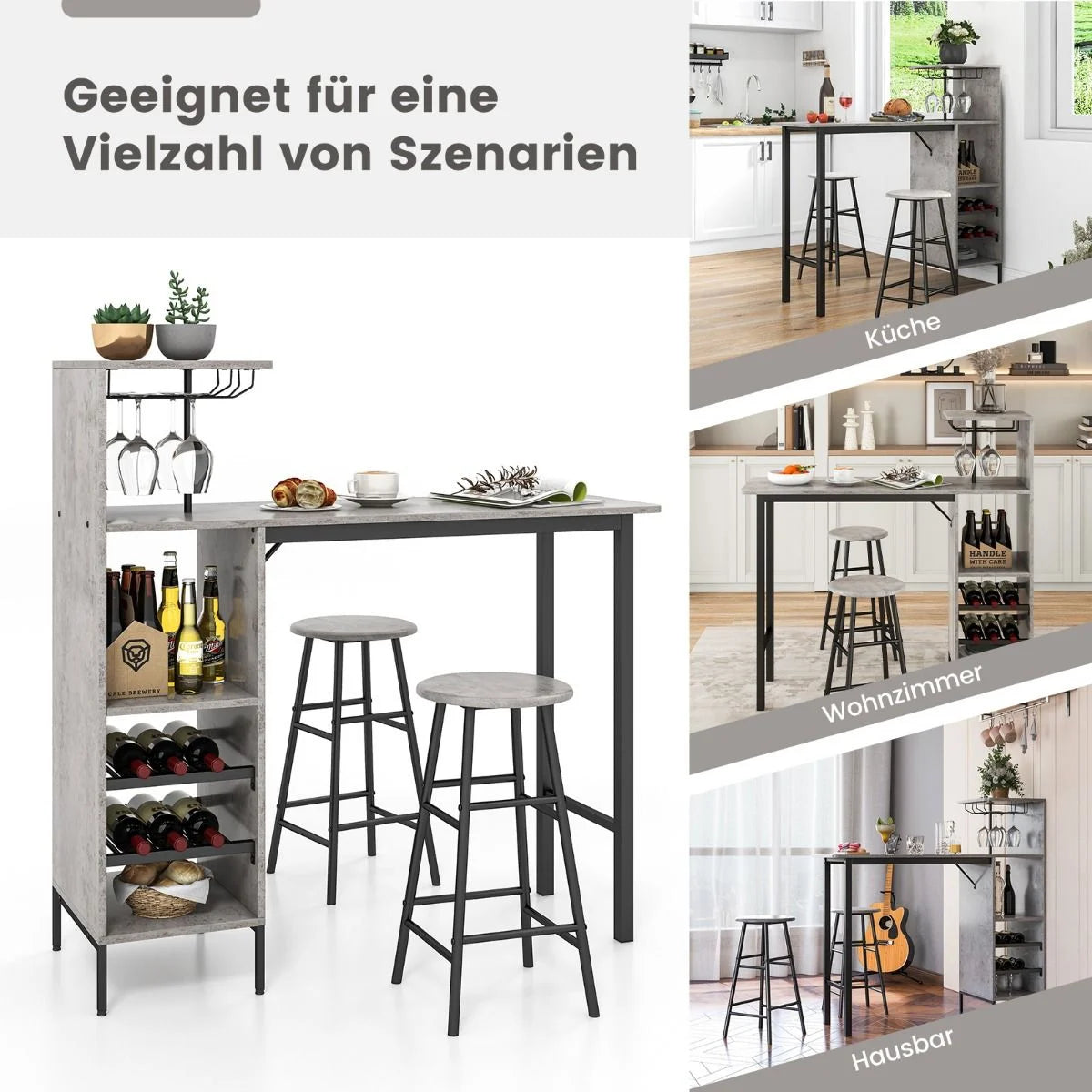 3-Teiliges Bartisch- & Stuhl-Set Industrieller Pub-Tisch & Hocker Grau