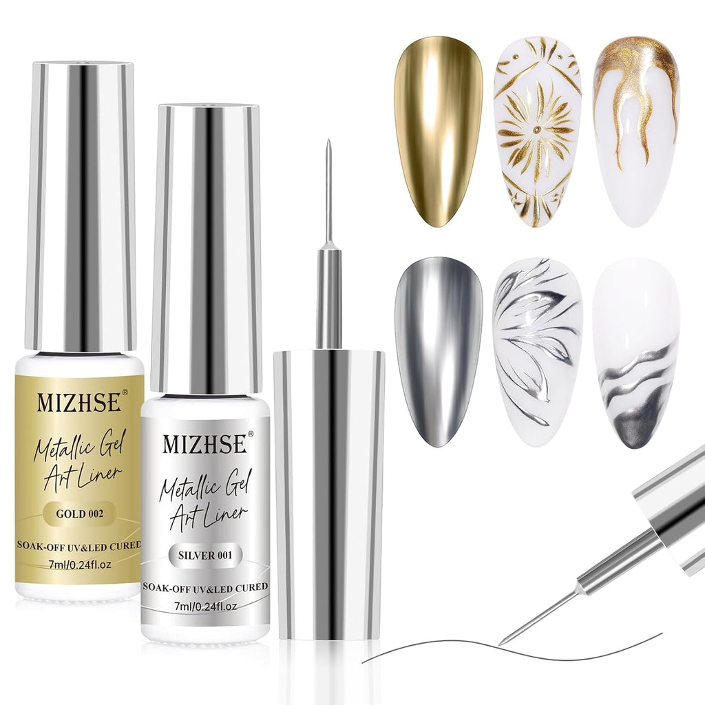 MIZHSE Metallic Painting Gel Set - 2 Farben Sliver Und Gold Painting Gel, 3D Crome Glue Nail UV, Gold Pigment Nagel, Metallic Silber UV Lack, Liner Nail Art 7Ml 2PCS