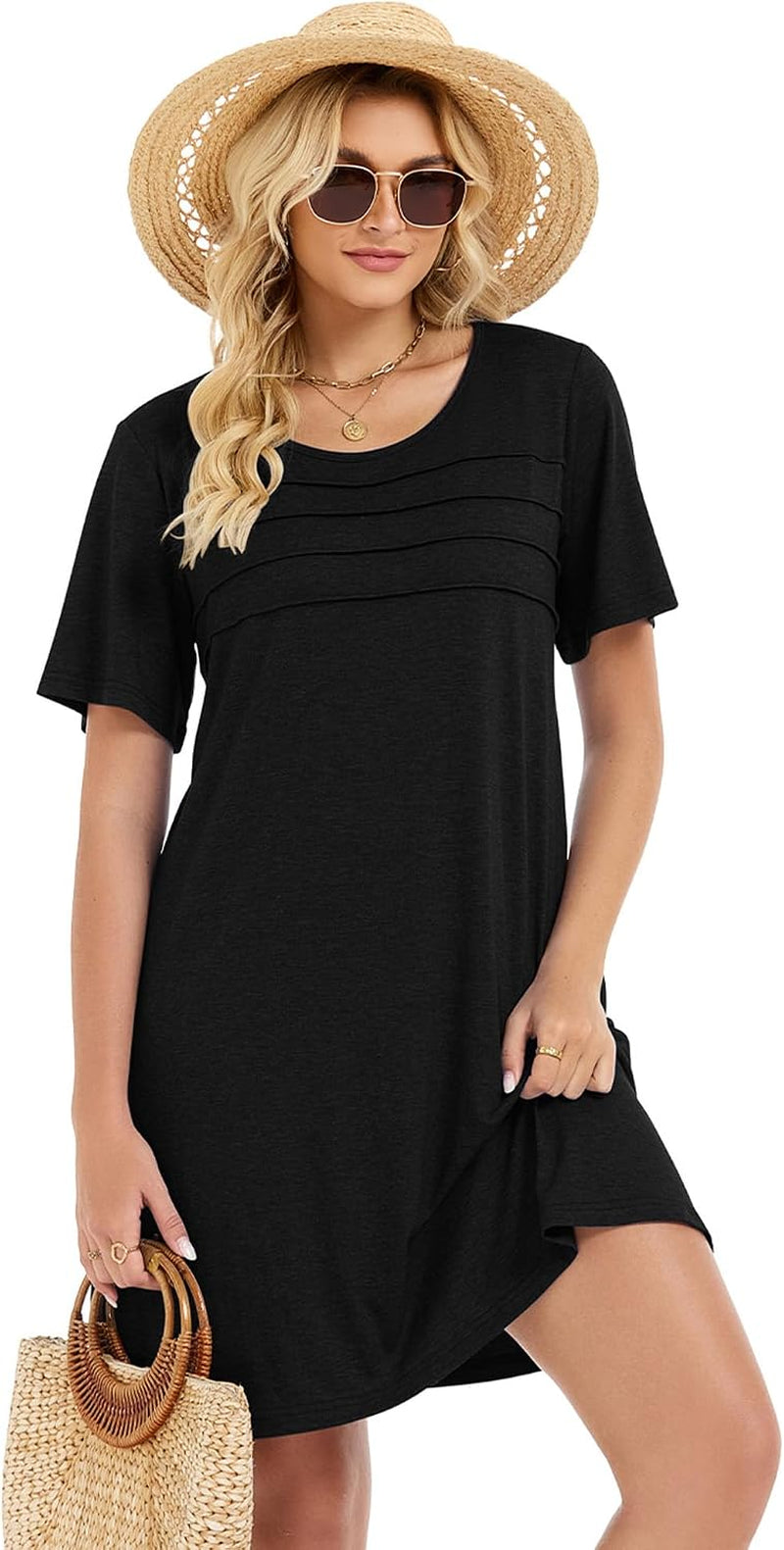 Sommerkleid Damen Kurzarm Rundhals Tshirt Kleid Front Plissee Freizeitkleid Mit Taschen