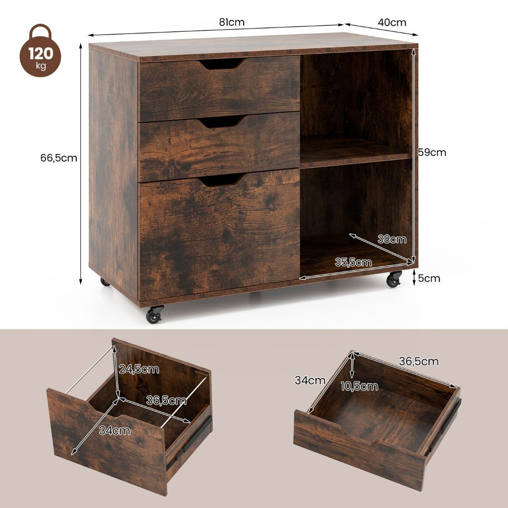 Rollcontainer Mit 3 Schubladen Aktenschrank Mit Rollen Und Offenen Fächern Weiß/Rustikal Braun