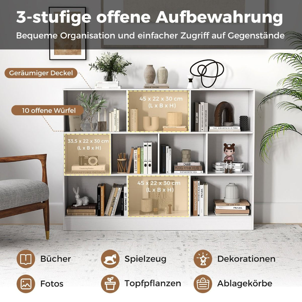 Bücherregal Mit 10 Fächern Standregal Mit 3 Ebenen Würfelregal Büroregal 140 X 24 X 104 Cm Natur/Weiß