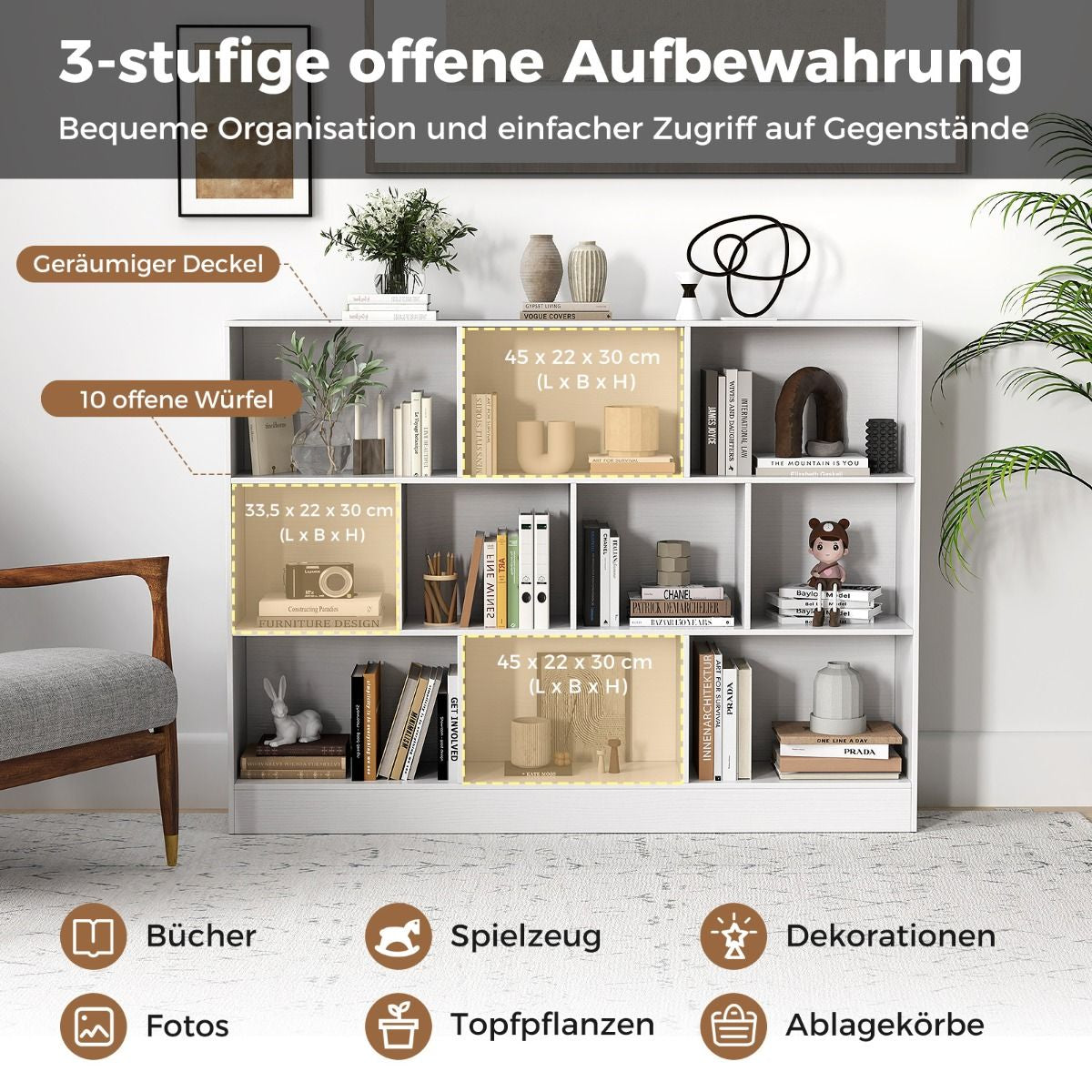 Bücherregal Mit 10 Fächern Standregal Mit 3 Ebenen Würfelregal Büroregal 140 X 24 X 104 Cm Natur/Weiß