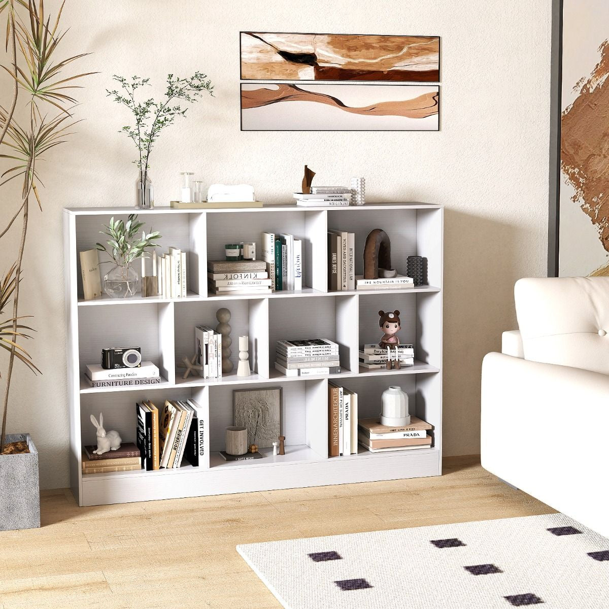 Bücherregal Mit 10 Fächern Standregal Mit 3 Ebenen Würfelregal Büroregal 140 X 24 X 104 Cm Natur/Weiß