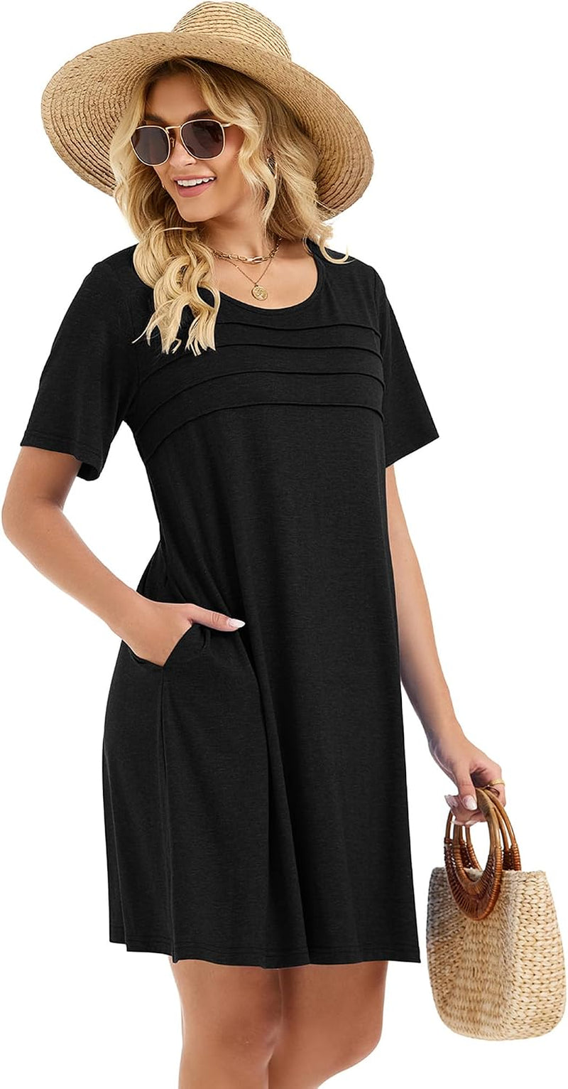 Sommerkleid Damen Kurzarm Rundhals Tshirt Kleid Front Plissee Freizeitkleid Mit Taschen