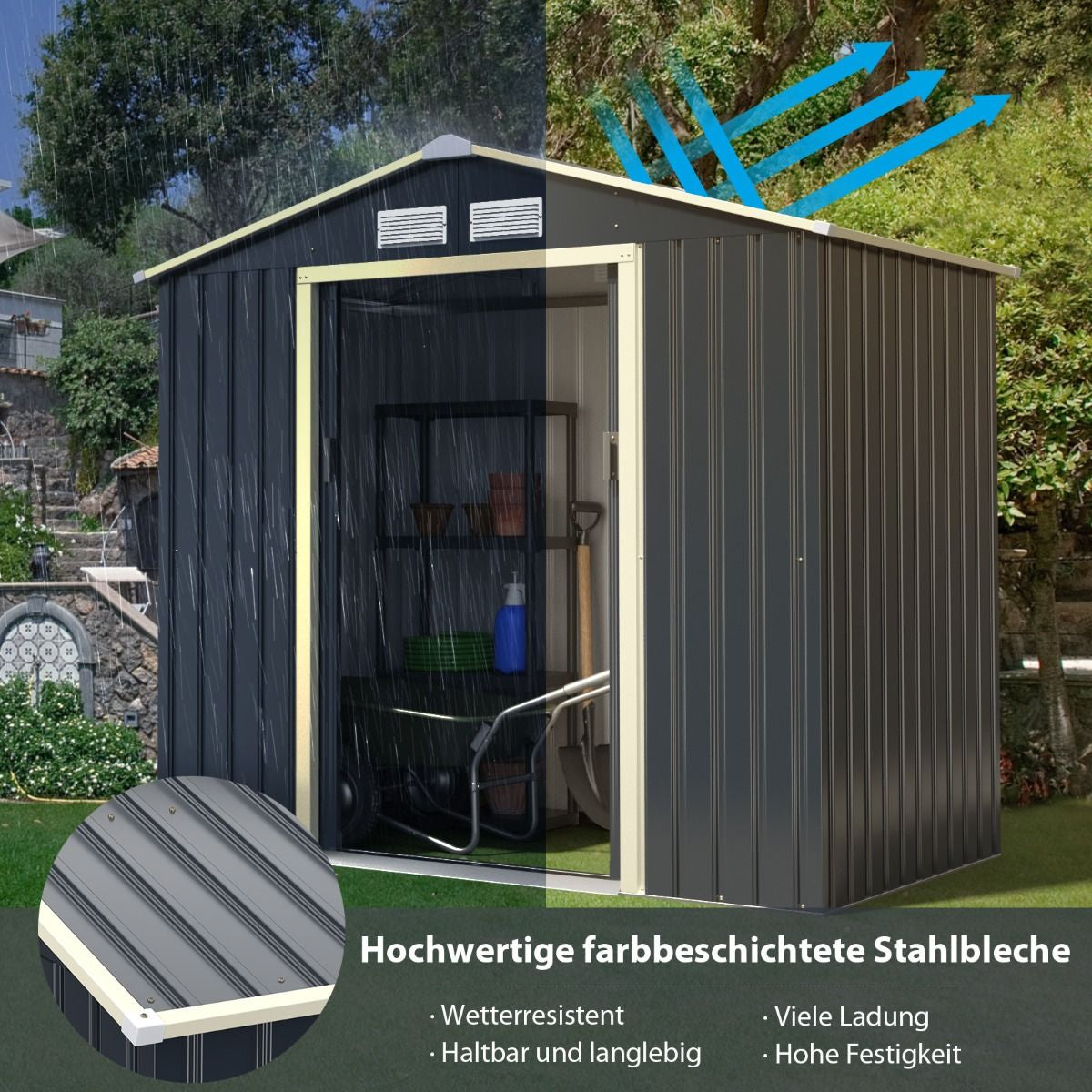 Outdoor-Metallschuppen Gartenhaus Aus Stahl Schuppen 213 X 162 X 117 Cm Grau
