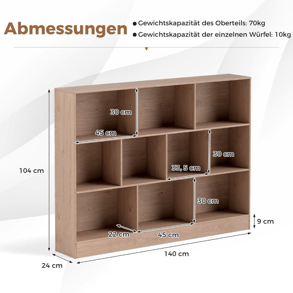 Bücherregal Mit 10 Fächern Standregal Mit 3 Ebenen Würfelregal Büroregal 140 X 24 X 104 Cm Natur/Weiß