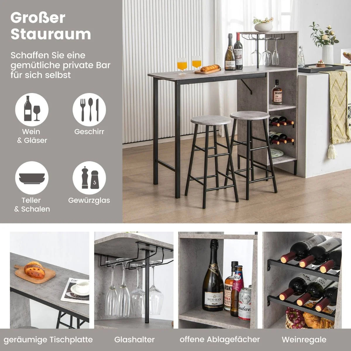 3-Teiliges Bartisch- & Stuhl-Set Industrieller Pub-Tisch & Hocker Grau