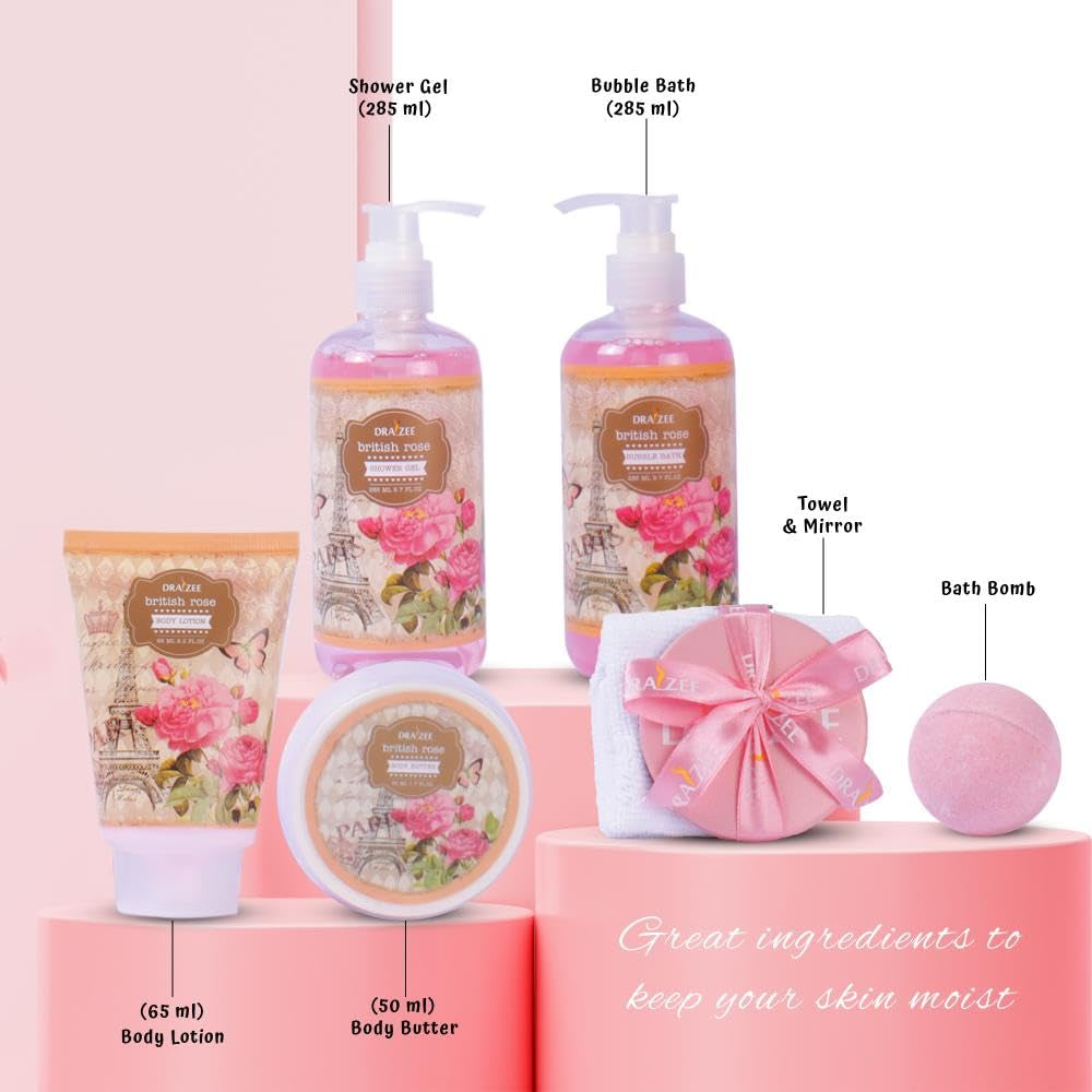 Heel Shoe Spa Gift Basket for Women, 8 Pc British Rose Scented | Spa Gift Set, Luxury Self Care Kit for Mom, Relaxing Bath and Body Set, Home Spa Gifts for Her