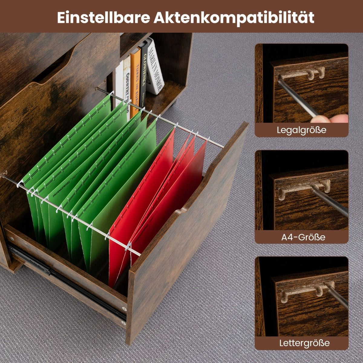 Rollcontainer Mit 3 Schubladen Aktenschrank Mit Rollen Und Offenen Fächern Weiß/Rustikal Braun