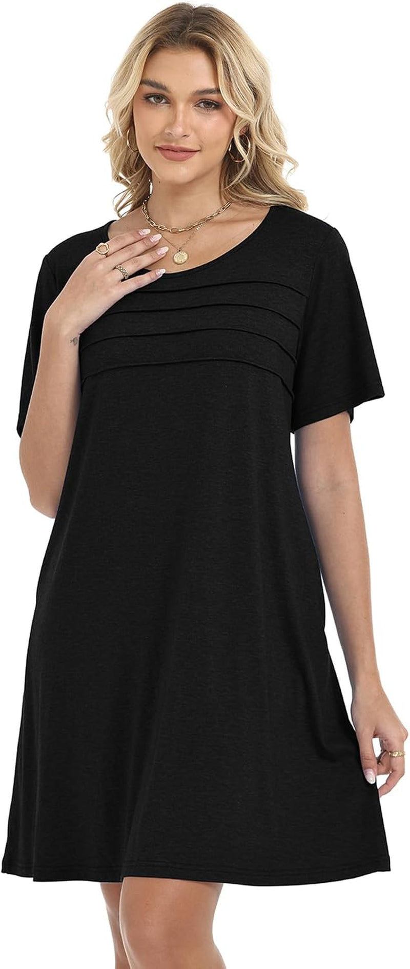 Sommerkleid Damen Kurzarm Rundhals Tshirt Kleid Front Plissee Freizeitkleid Mit Taschen