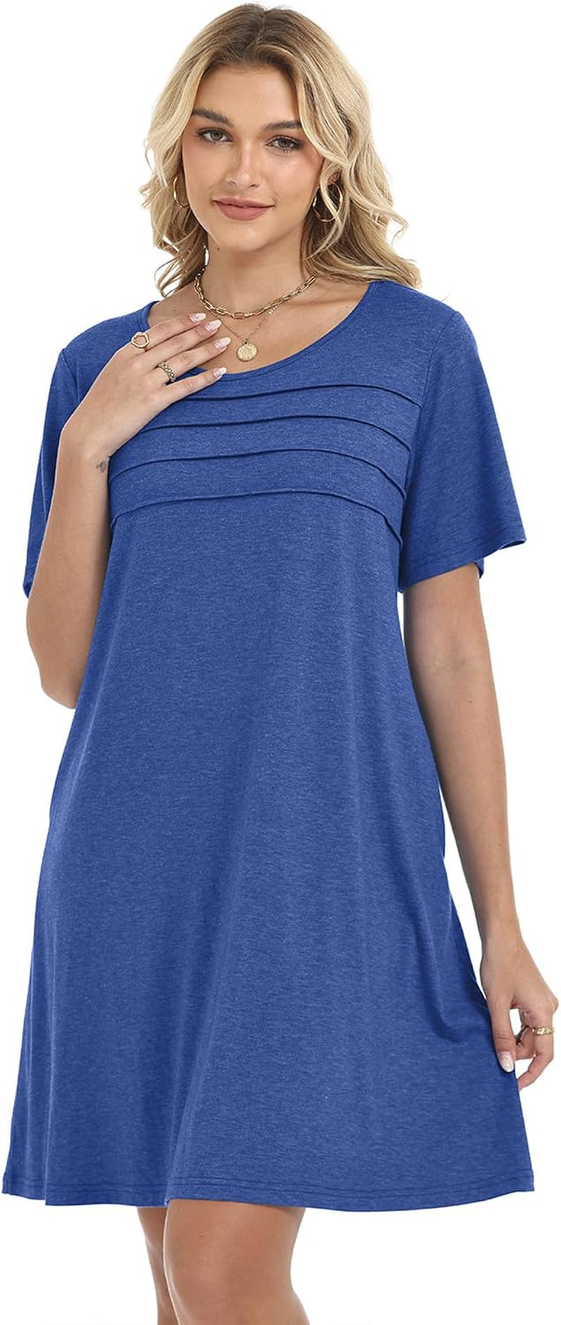 Sommerkleid Damen Kurzarm Rundhals Tshirt Kleid Front Plissee Freizeitkleid Mit Taschen