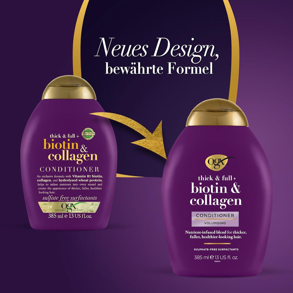 OGX Biotin & Collagen Conditioner (385 Ml), Reichhaltige Haarspülung Für 72H+ Volumen & Fülle Mit Biotin & Kollagen, Haarpflege Volumen Spülung Für Feines & Dünnes Haar Mit Lipipro Shield Technologie