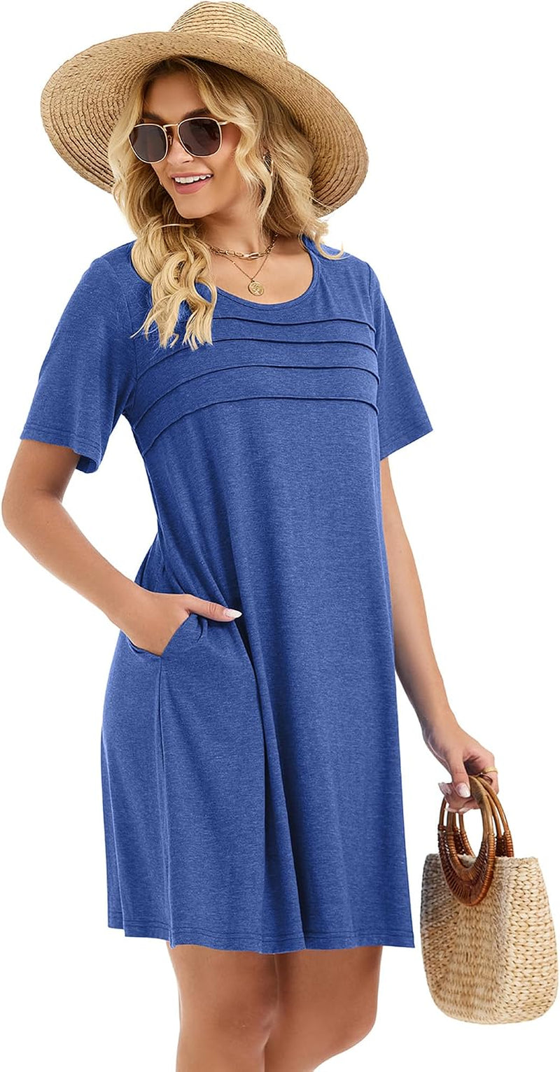 Sommerkleid Damen Kurzarm Rundhals Tshirt Kleid Front Plissee Freizeitkleid Mit Taschen