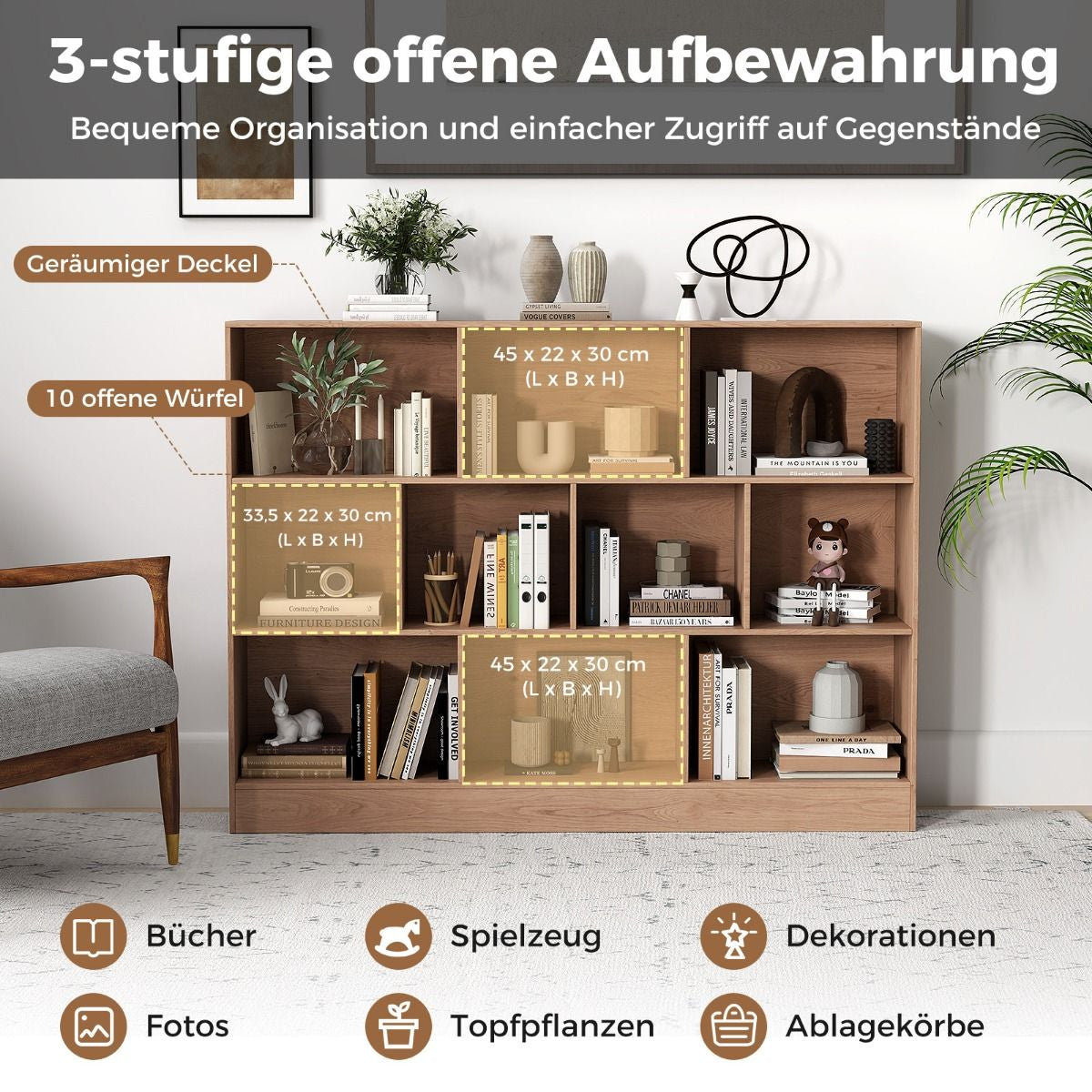 Bücherregal Mit 10 Fächern Standregal Mit 3 Ebenen Würfelregal Büroregal 140 X 24 X 104 Cm Natur/Weiß