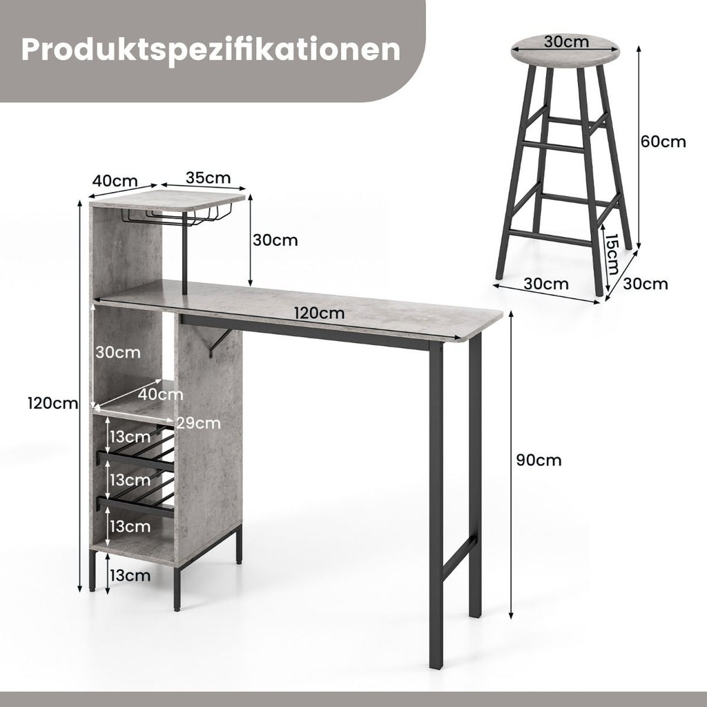 3-Teiliges Bartisch- & Stuhl-Set Industrieller Pub-Tisch & Hocker Grau