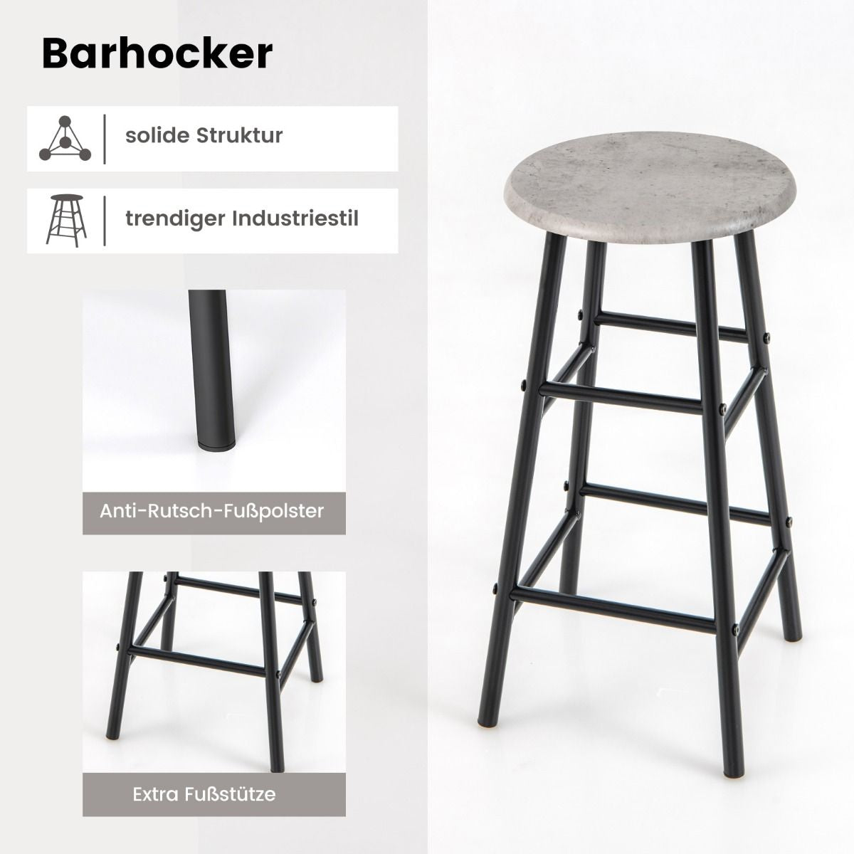 3-Teiliges Bartisch- & Stuhl-Set Industrieller Pub-Tisch & Hocker Grau