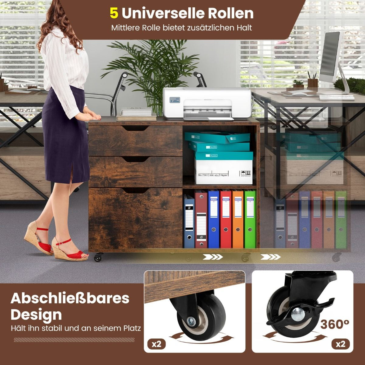 Rollcontainer Mit 3 Schubladen Aktenschrank Mit Rollen Und Offenen Fächern Weiß/Rustikal Braun
