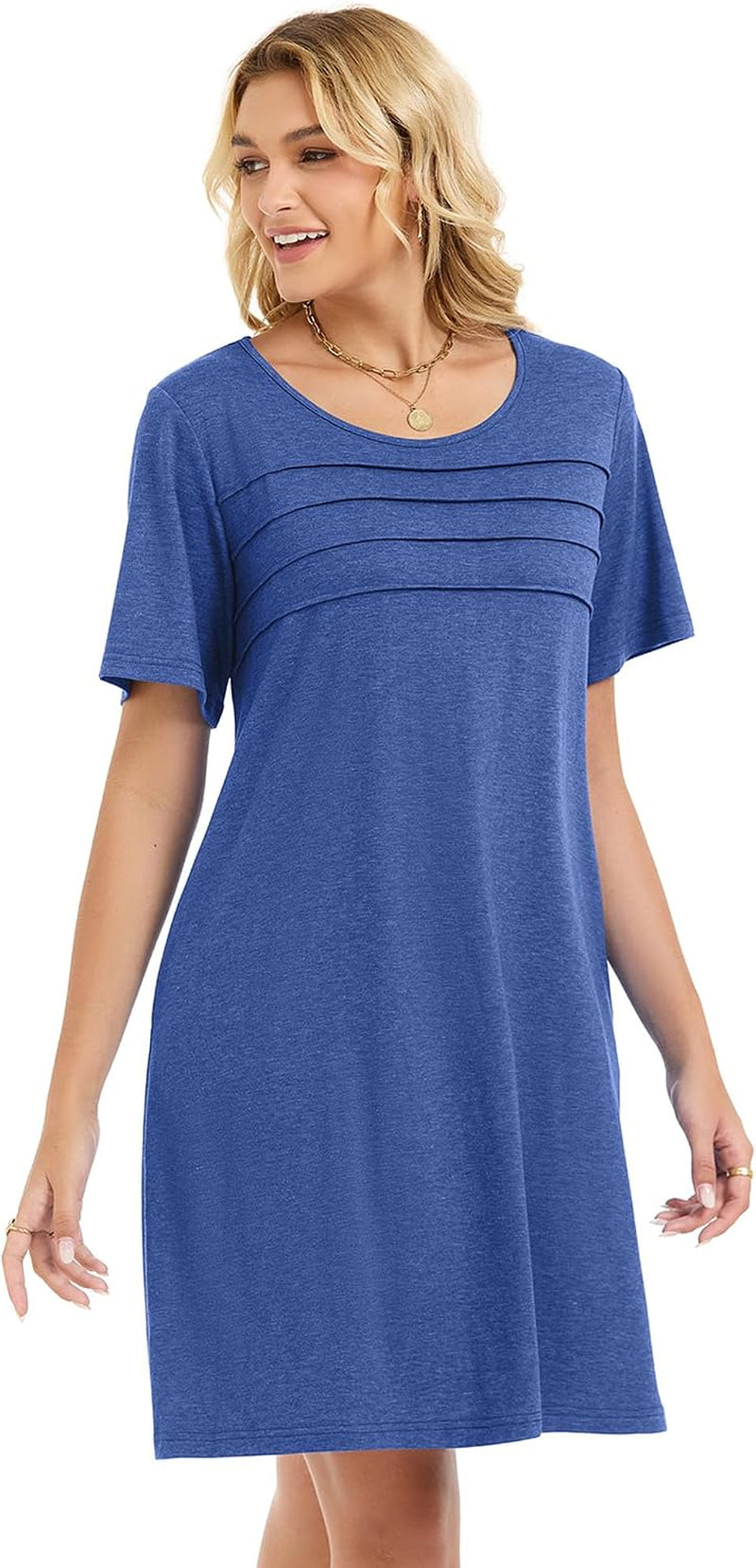 Sommerkleid Damen Kurzarm Rundhals Tshirt Kleid Front Plissee Freizeitkleid Mit Taschen