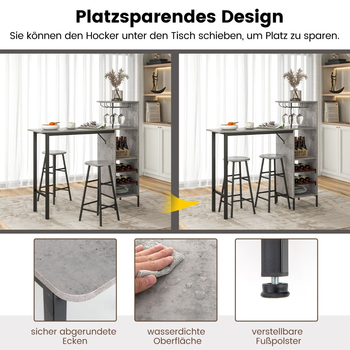 3-Teiliges Bartisch- & Stuhl-Set Industrieller Pub-Tisch & Hocker Grau