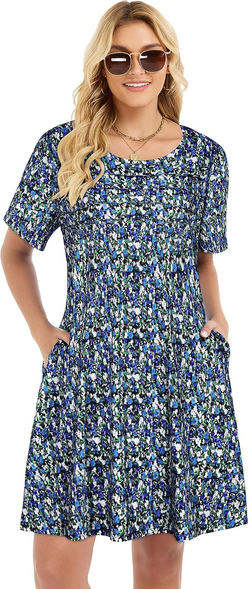 Sommerkleid Damen Kurzarm Rundhals Tshirt Kleid Front Plissee Freizeitkleid Mit Taschen