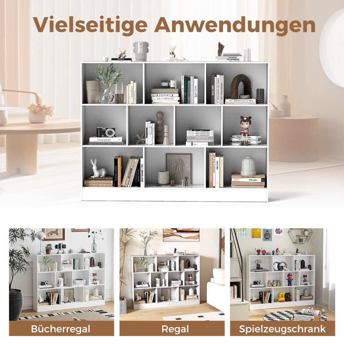 Bücherregal Mit 10 Fächern Standregal Mit 3 Ebenen Würfelregal Büroregal 140 X 24 X 104 Cm Natur/Weiß