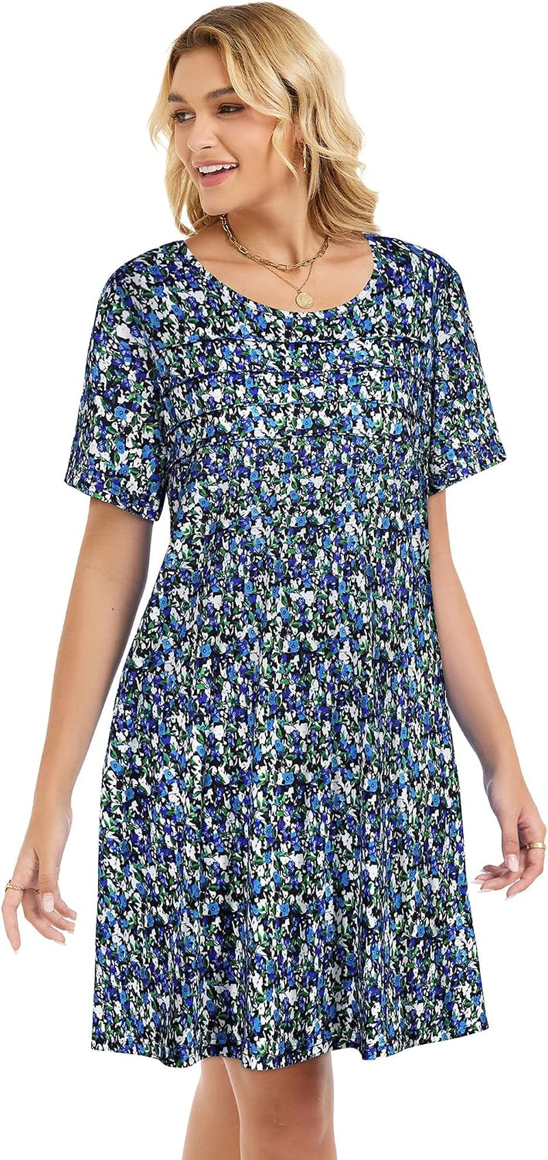 Sommerkleid Damen Kurzarm Rundhals Tshirt Kleid Front Plissee Freizeitkleid Mit Taschen