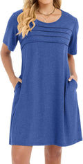 Sommerkleid Damen Kurzarm Rundhals Tshirt Kleid Front Plissee Freizeitkleid Mit Taschen