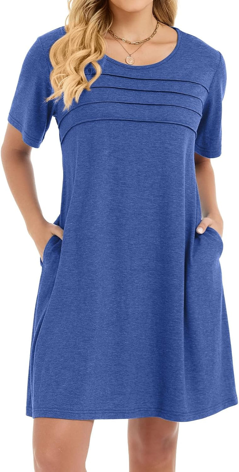 Sommerkleid Damen Kurzarm Rundhals Tshirt Kleid Front Plissee Freizeitkleid Mit Taschen